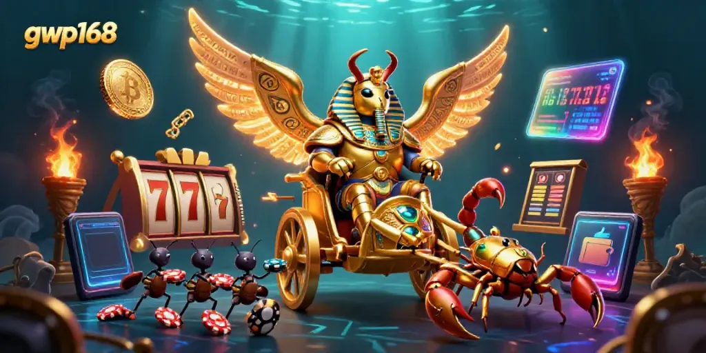 Permainan slot menarik gwp168 dengan karakter 3D unik dan simbol permainan di latar belakang.
