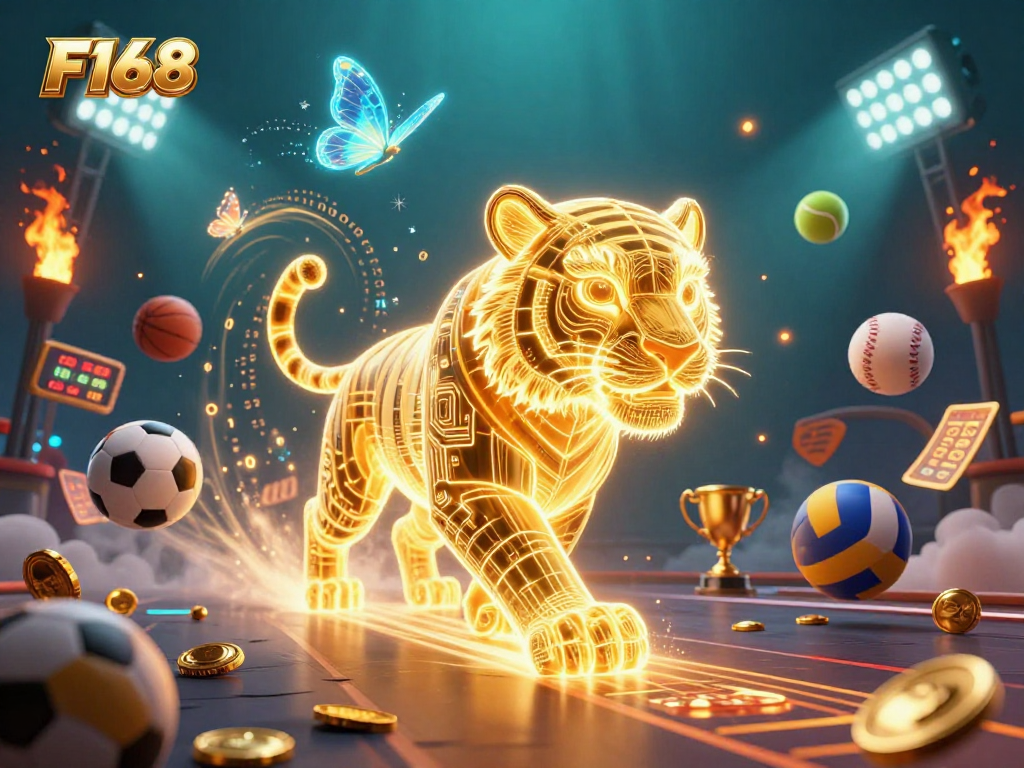 Experience thrilling gaming at F168 with a neon-wireframe tiger amidst dynamic sports betting action.