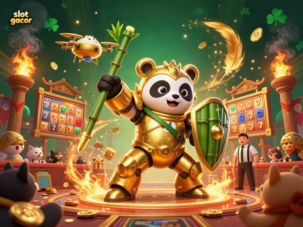 Experience the excitement of slot gacor in a vibrant gaming arena with the golden panda and dynamic visuals.