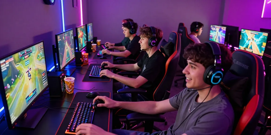Dynamic gaming scene highlighting players immersed in a thrilling 663bet game experience, with vibrant tech and social interaction.