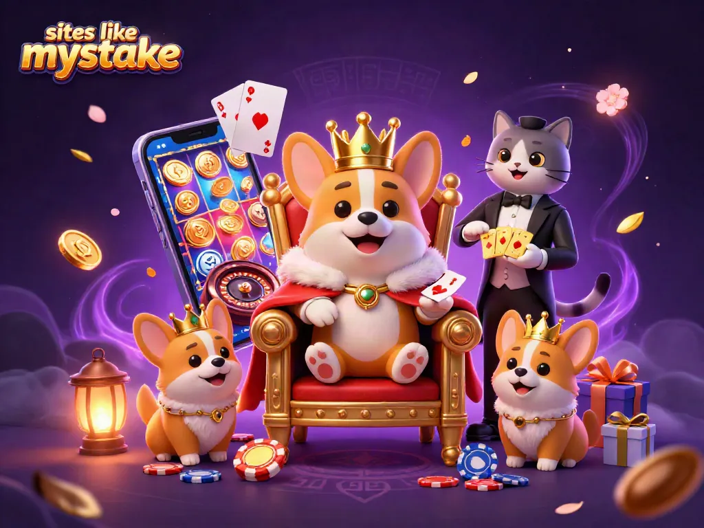 Engaging scene of casino-themed corgis celebrating real money gaming at sites like mystake.