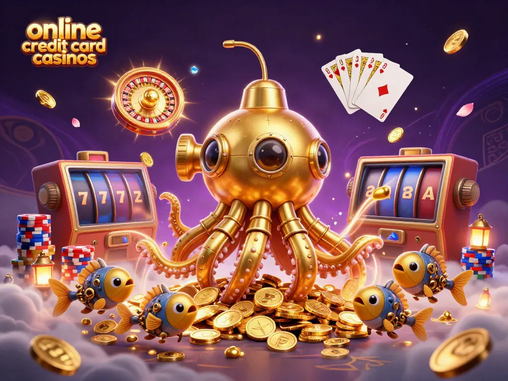 Experience the thrill of online credit card casinos with a vibrant, immersive scene of gold coins and animated characters.