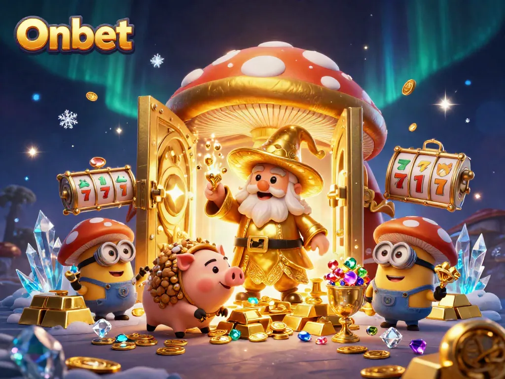 Experience thrilling gaming at Onbet with an illustrated scene featuring magical characters amidst sparkling treasures and slot symbols.
