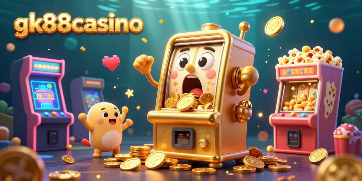 gk88casino brings excitement with a golden slot machine celebrating its jackpot amidst a vibrant casino backdrop.