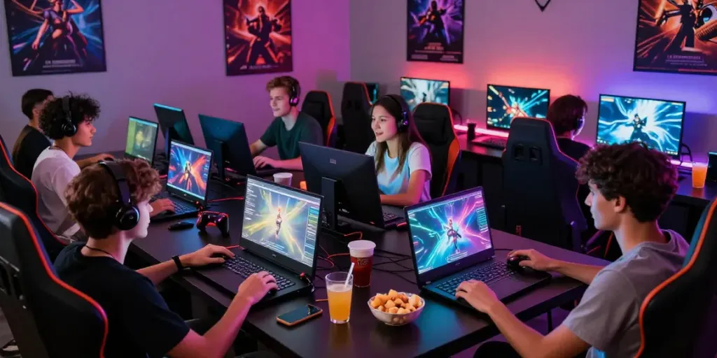 A80 online gaming lounge with friends enjoying various games in vibrant lighting.
