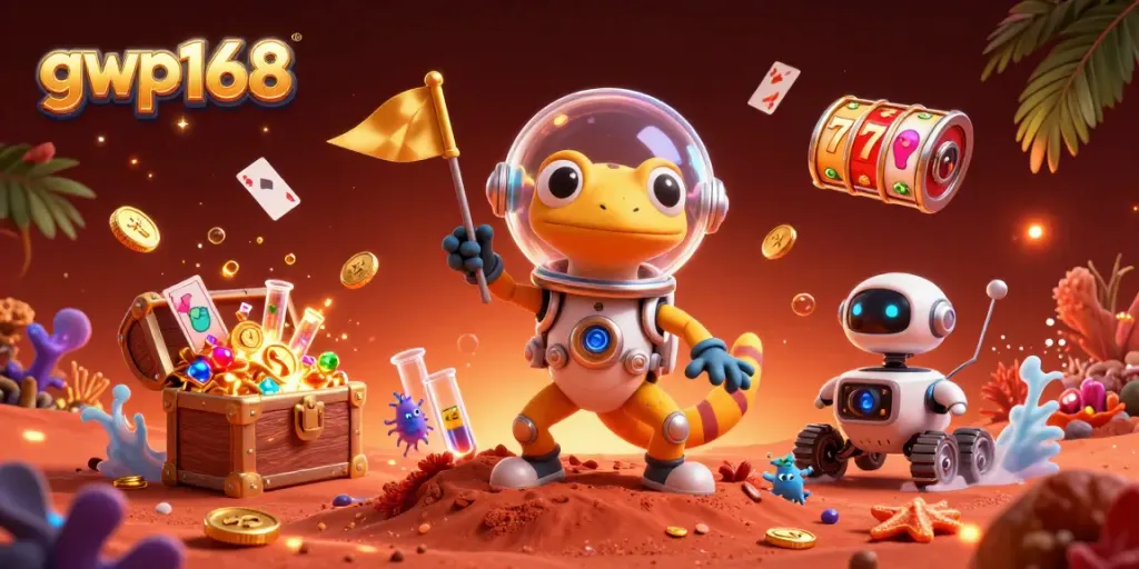 GWP168 menampilkan jackpot slot dalam ilustrasi kasino yang mengesankan dengan makhluk luar angkasa.