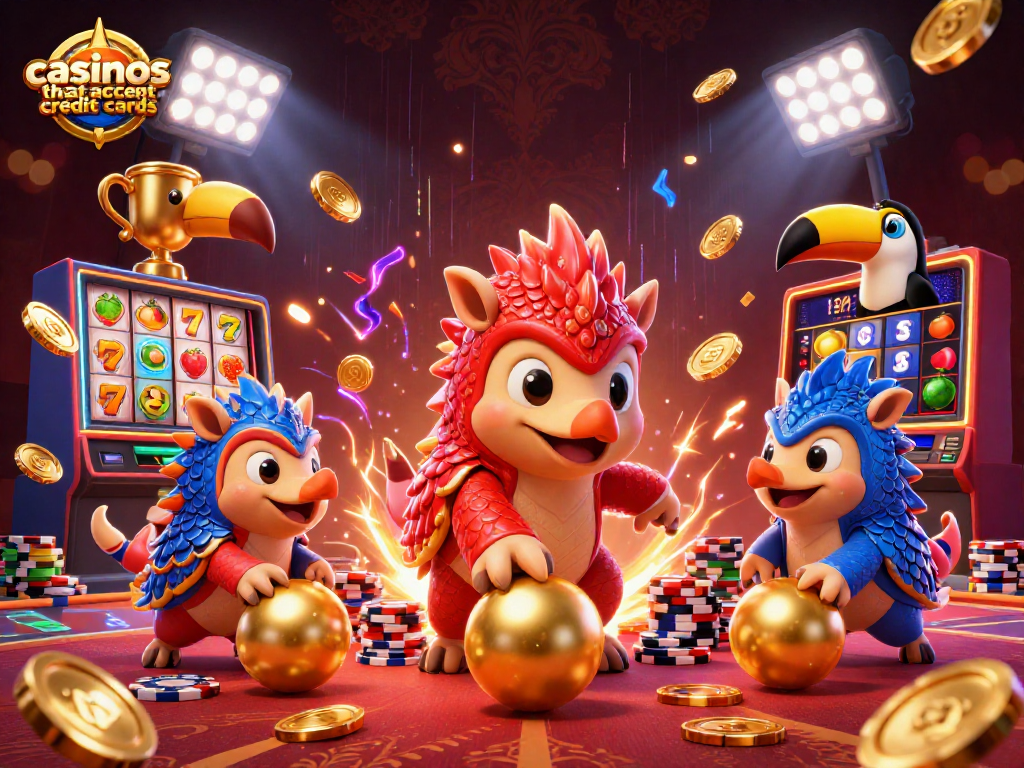 Experience exciting gameplay at casinos that accept credit cards featuring animated pangolins bowling through poker chips.