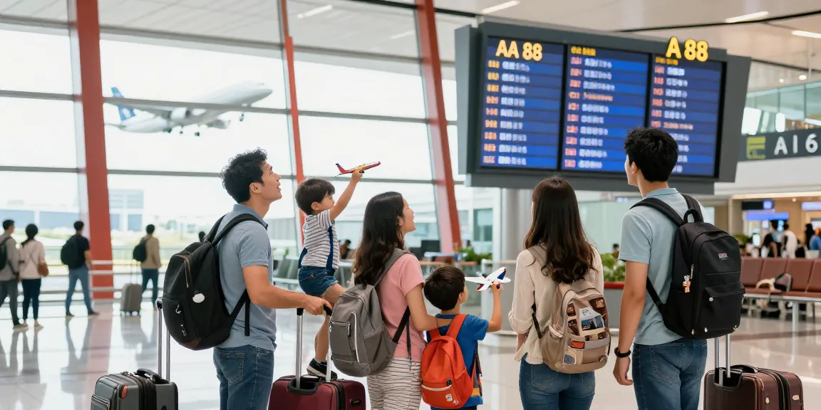 Passenger excitedly awaiting AA 88 flight at a busy airport terminal, surrounded by luggage and family.