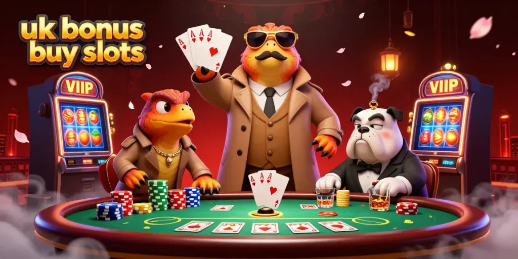 Engage with thrilling uk bonus buy slots in a whimsical casino scene featuring raptors and gaming elements.