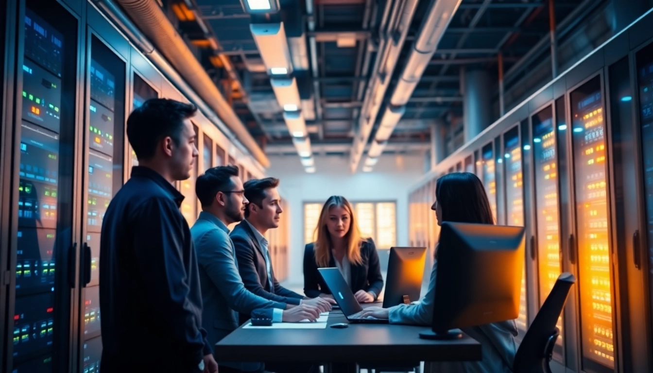Showcase of adult website hosting with IT professionals in a modern server room setting.