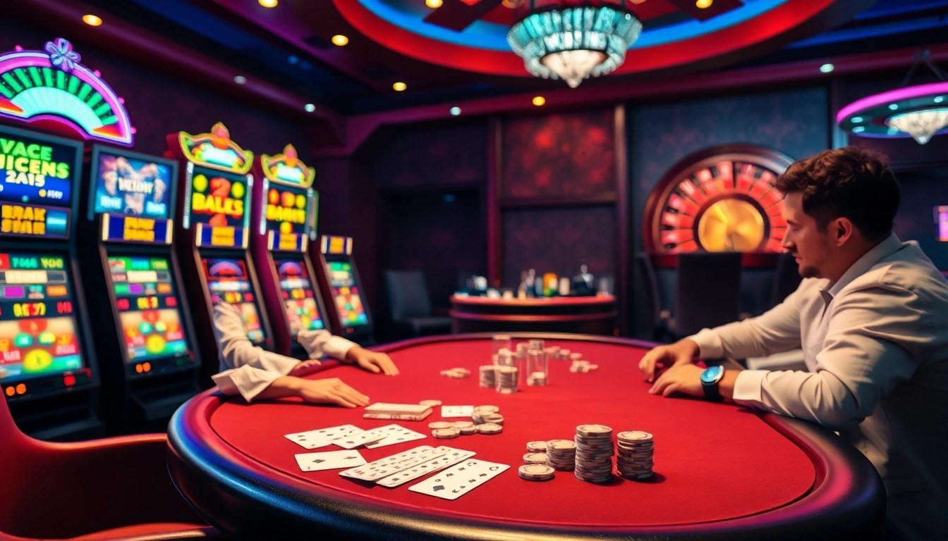 Gambling excitement at 8DAY with poker chips and slot machines in a luxurious casino scene.