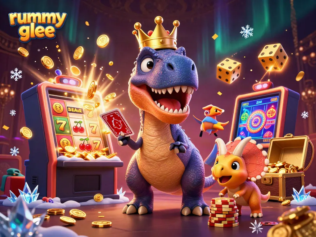 Rummy Glee menampilkan T-Rex lucu bermain kartu dengan teman, bersamaan dengan saluran permainan kasino.