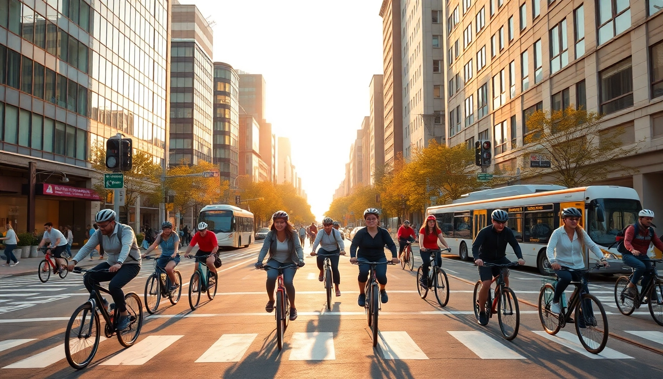 Urban intersection with cyclists using IA +18 bicycle box, highlighting innovative urban mobility.