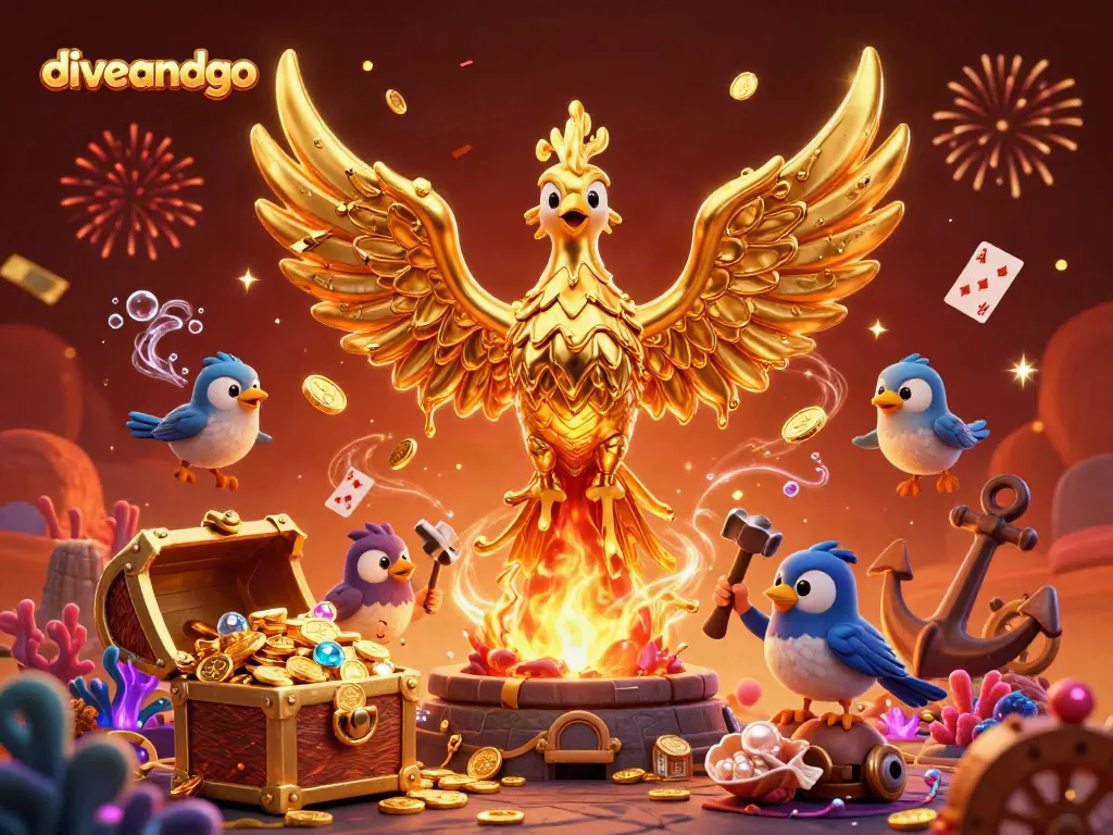Engage in thrilling gaming with diveandgo, featuring a molten phoenix and lavish treasure.