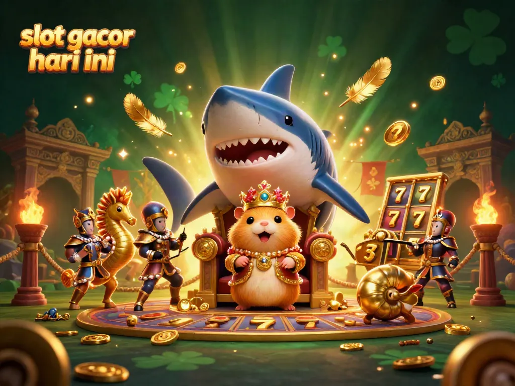 Ilustrasi 3D slot gacor hari ini dengan raja hamster dan elemen perjudian menyenangkan di sekelilingnya.