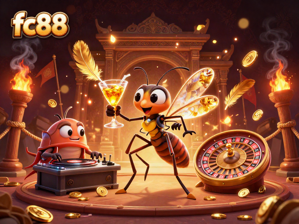 Trải nghiệm casino hấp dẫn với mascot fc88, DJ hóa thạch và vòng quay roulette vàng.