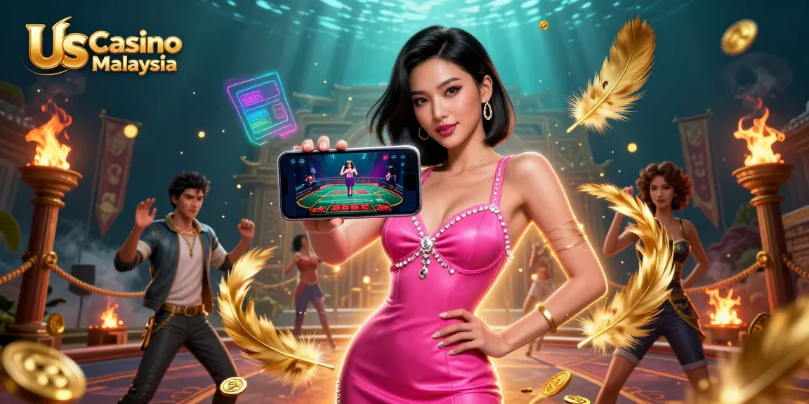 Experience thrilling live dealer games with Us Casino Malaysia in a vibrant casino-themed illustration.