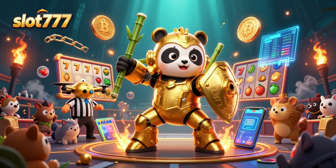 Experience the thrill of slot777 with animated golden panda battling in a vibrant casino arena.