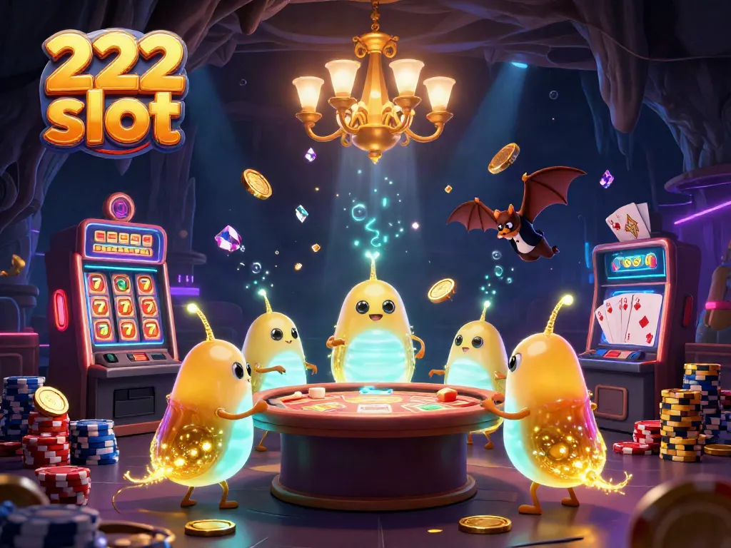 Nikmati pengalaman bermain 222 slot dengan suasana kasino yang cerah dalam ilustrasi 3D.
