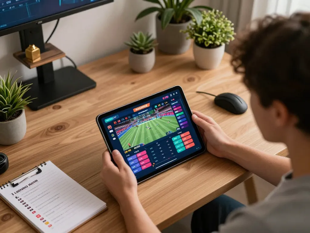 Engaged player interacts with open 88 online betting interface on tablet, showcasing dynamic sports events.
