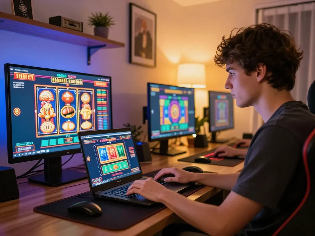 Engaged user playing at nhà cái 888NEW online casino setup with vibrant interface.