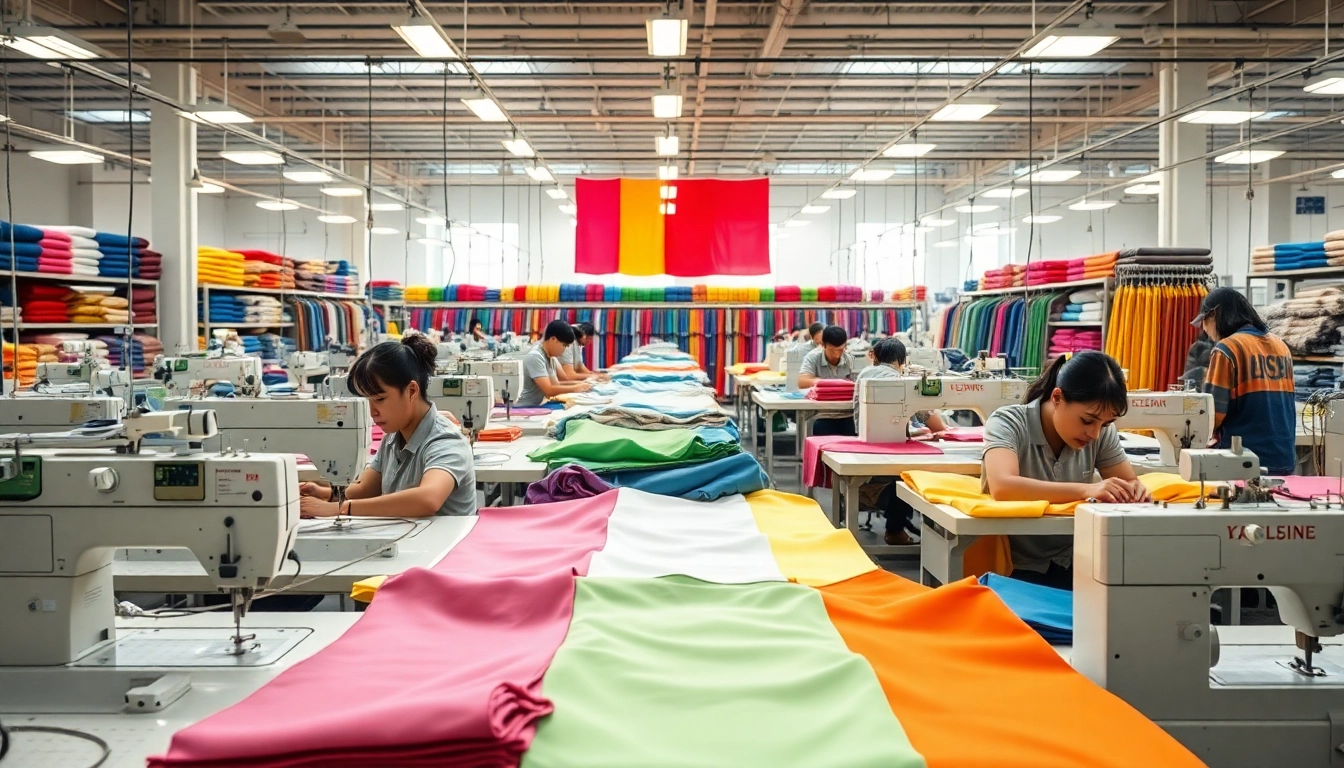 Showcasing talented OEM clothing manufacturers at work in a vibrant production facility full of textiles.