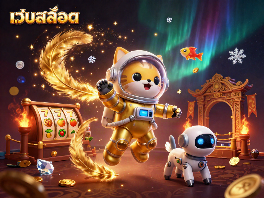 Experience thrilling เว็บสล็อต action with a charismatic astronaut cat in a golden space suit and dynamic slot elements.