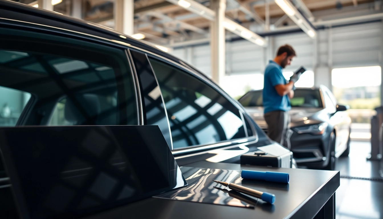 Apply auto window tint near me for a sleek finish in a modern auto shop.