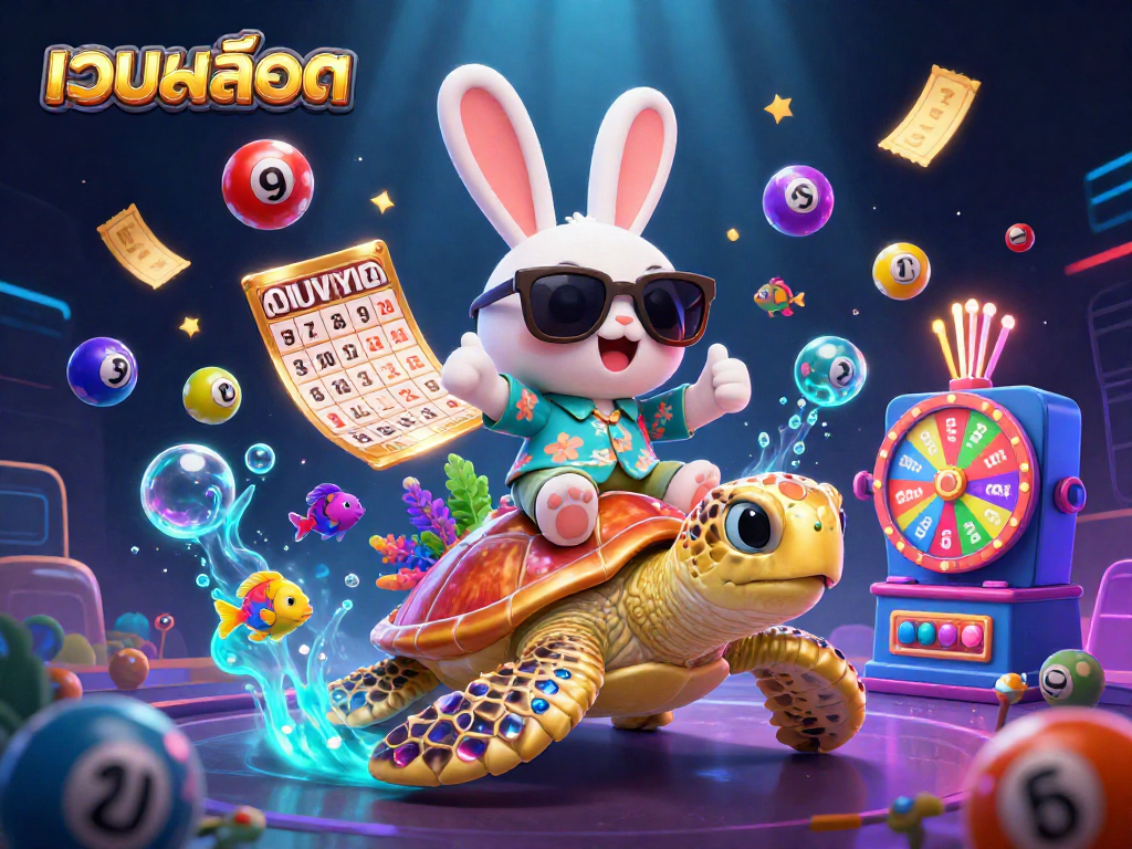 Experience เว็บสล็อต thrills with a lively scene featuring a cartoon lucky rabbit and a giant golden sea turtle.