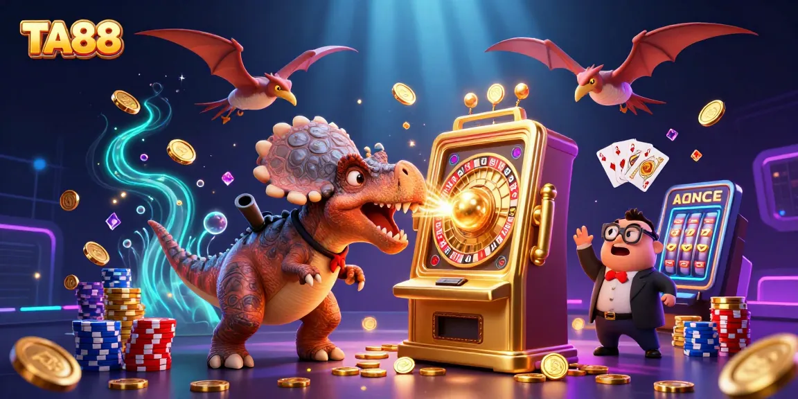 TA88 features a dinosaur hitting a slot machine as golden coins fly around in action.