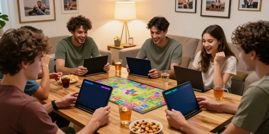 Players enjoying Rumble Rummy in a cozy living room, showcasing mobile gameplay excitement and community.