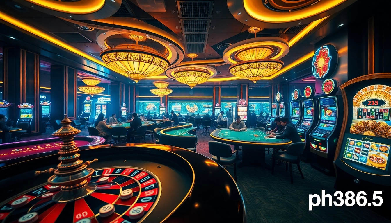 A thrilling casino scene featuring exciting games at ph365 with lively players, roulette, and slot machines.