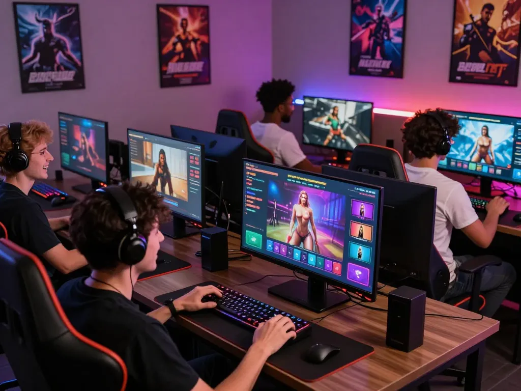 Engaged adults playing interactive porngames in a vibrant gaming setup.