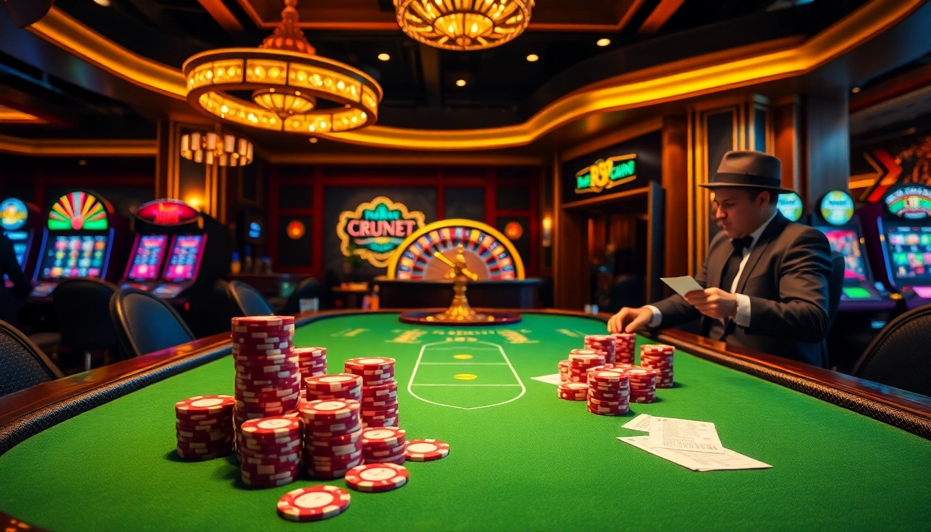 Engage with the high-stakes excitement of the rr99 casino scene featuring poker, roulette, and vibrant slot machines.