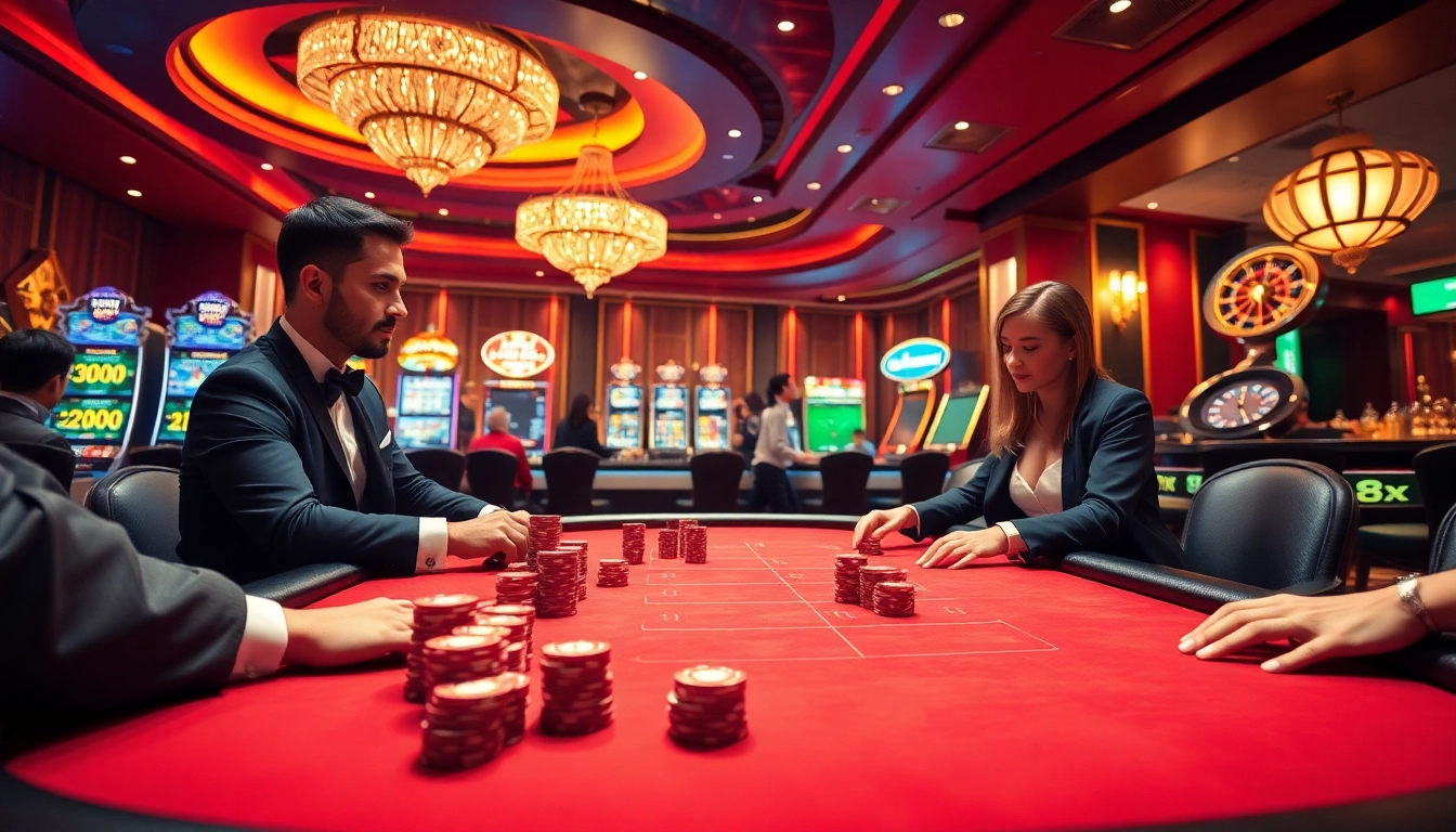 Experience the thrill of high-stakes gambling at trang chủ 88i with luxurious poker tables, vibrant slot machines, and excited players.