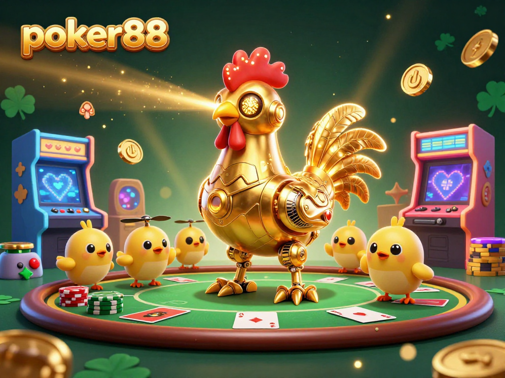 Rasakan keseruan poker88 dengan robot ayam emas futuristik dan permainan kartu yang memukau.