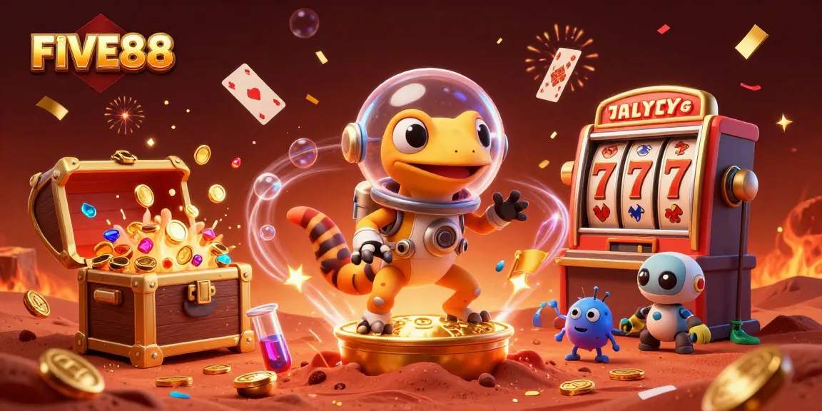 Experience exhilarating gaming with FIVE88's 3D Martian gambler celebrating a jackpot in a vibrant casino scene.
