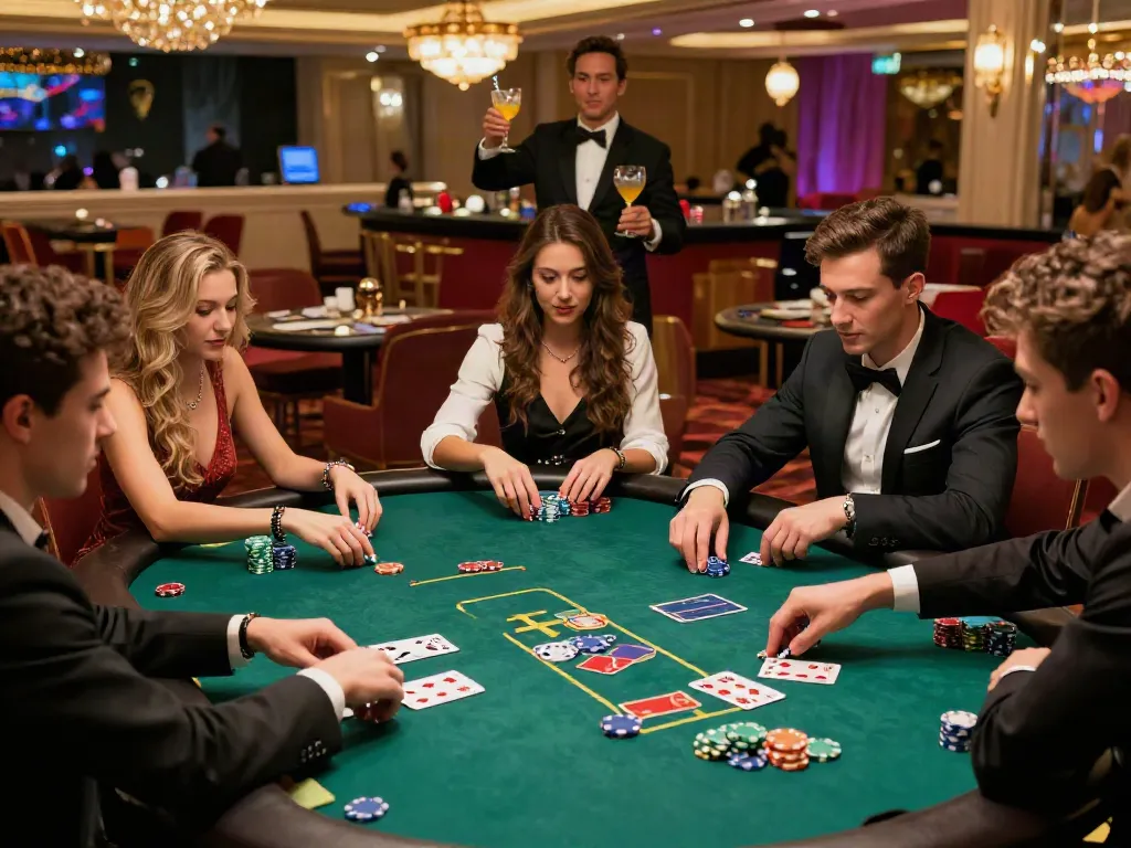 A lively casino scene with players enjoying akunjp at a poker table amidst vibrant atmosphere.