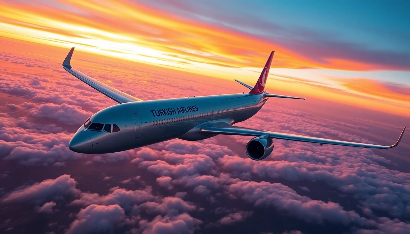 TK88 flight of Turkish Airlines soaring over a sunset landscape, symbolizing international travel.