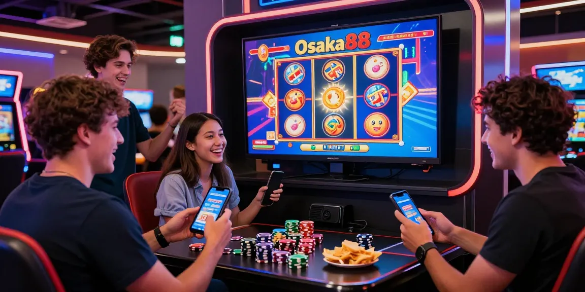 Friends enjoying the Osaka88 slot game in a lively gaming environment.