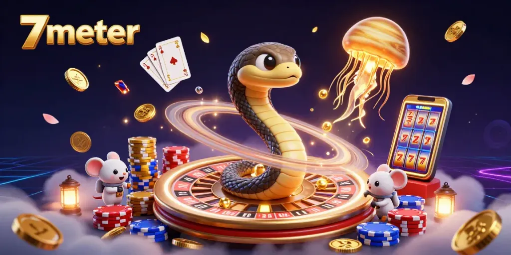 Experience thrilling betting with 7meter in this cosmic casino scene featuring unique characters and elements.