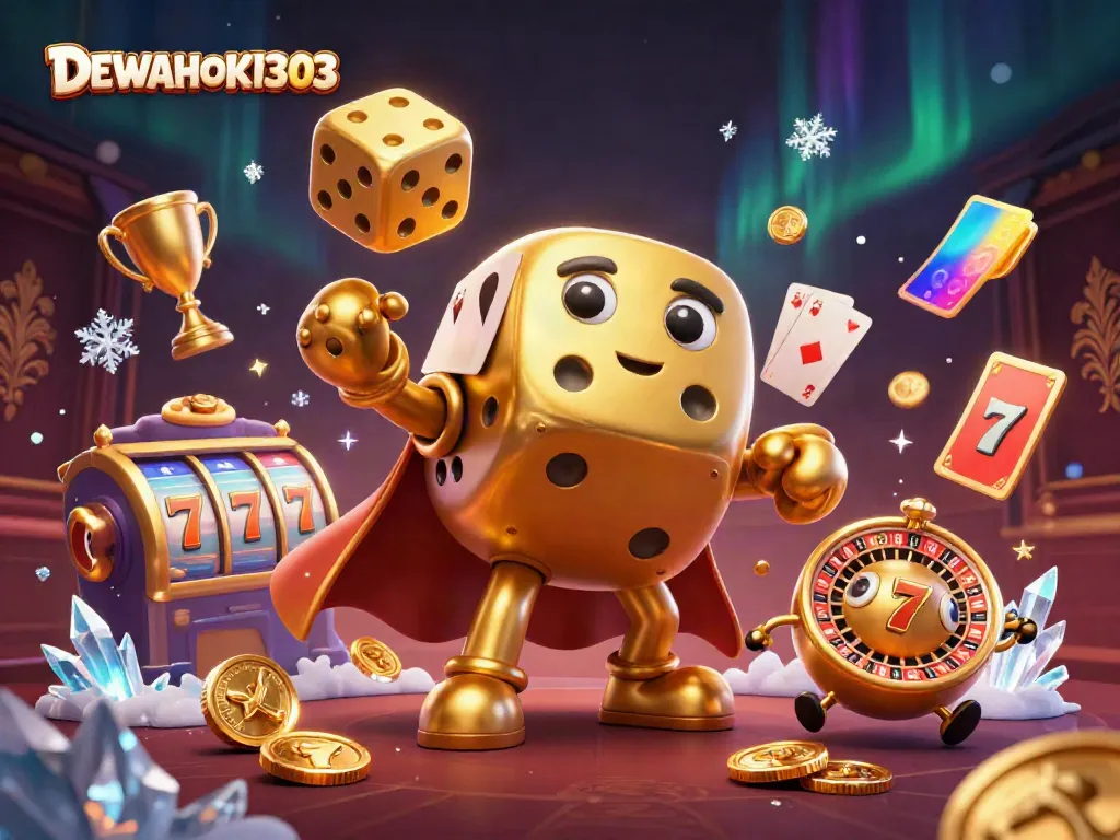 Menggenggam jackpot, DEWAHOKI303 menampilkan karakter dadu keemasan beraksi dengan slot dan trofi judi.