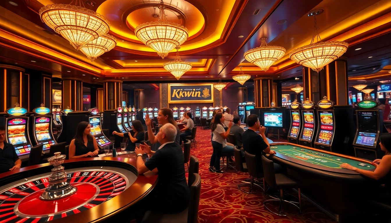 Kkwin players engage in thrilling casino action at poker tables with vibrant decor and exciting atmosphere.