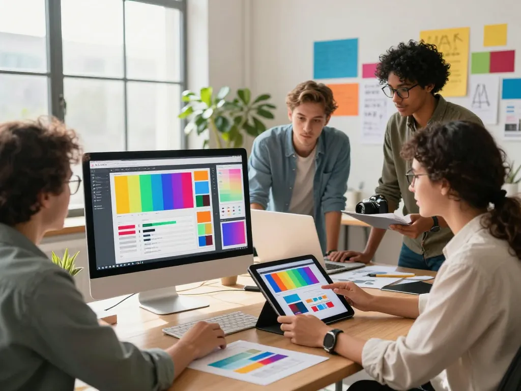 Collaborative design workspace for MAKTOGEL showcasing a vibrant digital interface and diverse creative professionals in action.