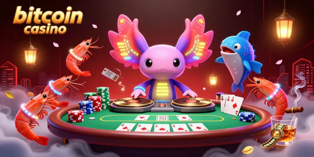 Experience the vibrant energy of a bitcoin casino with a neon axolotl DJ and poker elements.