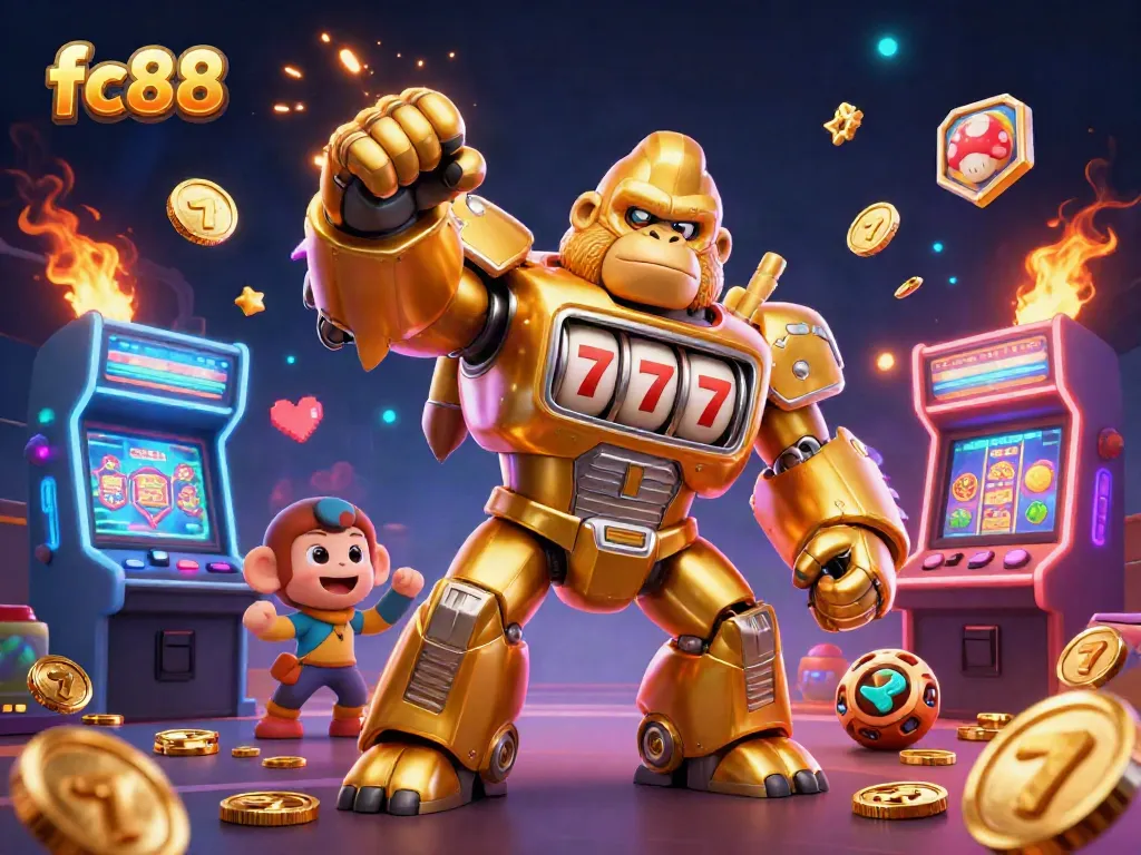 Experience thrilling gameplay at fc88 with a dynamic golden gorilla mech and exciting slot machine elements.