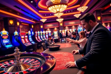 Engaging gambling enthusiasts at a lively RR88 casino scene with tables and slot machines.