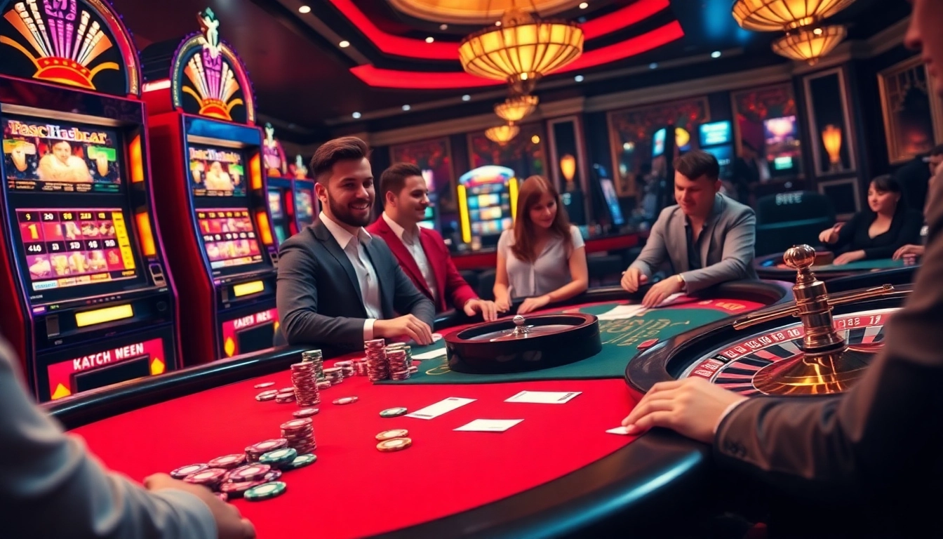 Players enjoying an i9bet poker game at a luxurious casino table with colorful chips.