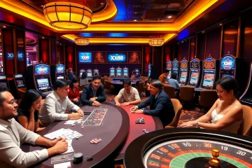 Exciting casino scene showcasing players enjoying games at XX88 tables with vibrant lights and luxury decor.