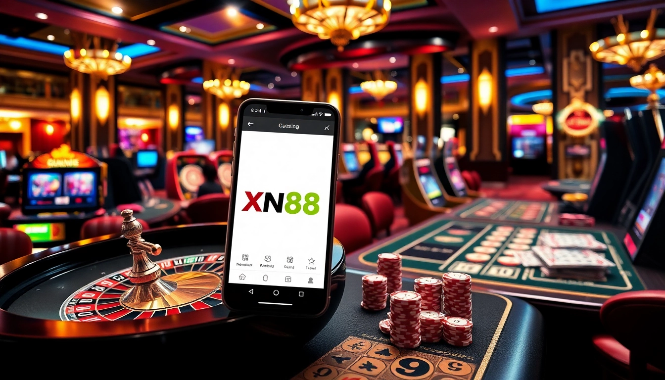 Experience the excitement of tải game xn88 with vibrant casino visuals showcasing gaming tables and modern technology.